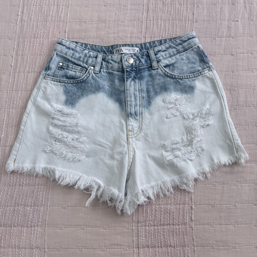 Zara Denim Shorts Womens 6 Blue White Acid Wash Distressed Frayed Hem High Rise